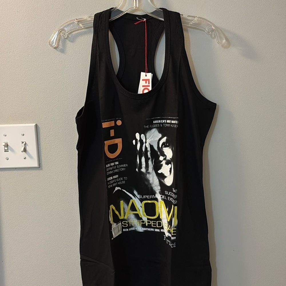 Fiorucci Naomi Campbell Graphic Tank Top Black Racer Back Italy Women's Large